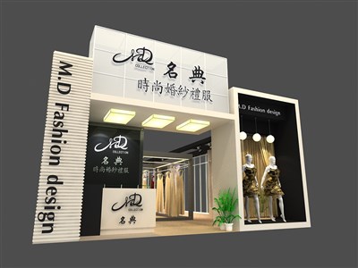 133平米展臺設(shè)計制作：一面開口/現(xiàn)代/木質(zhì)結(jié)構(gòu)/黑色，為服裝展展商而作（免費使用）