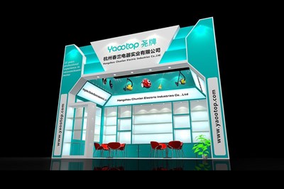 18平米展臺設(shè)計制作：一面開口/現(xiàn)代/木質(zhì)結(jié)構(gòu)/綠色，為家電展展商而作（免費使用）