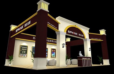 70平米展臺(tái)設(shè)計(jì)制作：三面開(kāi)口/歐式/木質(zhì)結(jié)構(gòu)/米色，為食品展展商而作（免費(fèi)使用）