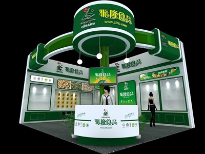 48平米展臺(tái)設(shè)計(jì)制作：二面開口/現(xiàn)代/木質(zhì)結(jié)構(gòu)/綠色，為食品展展商而作（免費(fèi)使用）