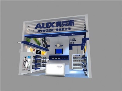 36平米展臺設計制作：二面開口/現(xiàn)代/木質結構/藍色，為家電展展商而作（免費使用）