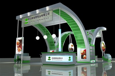 60平米展臺(tái)設(shè)計(jì)制作：四面開口/前衛(wèi)/木質(zhì)結(jié)構(gòu)/綠色，為食品展展商而作（免費(fèi)使用）