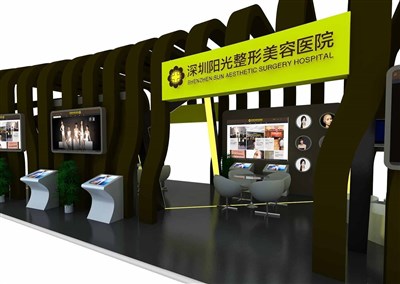 60平米展臺設計制作：四面開口/現(xiàn)代/木質結構/咖啡色，為美博會展商而作（免費使用）