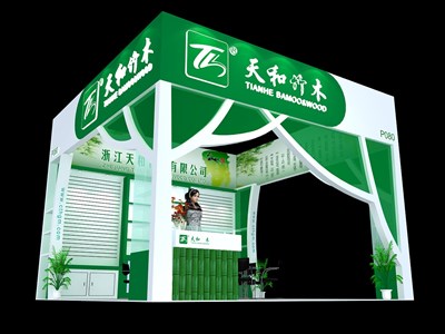 36平米展臺設(shè)計制作：三面開口/現(xiàn)代/木質(zhì)結(jié)構(gòu)/綠色，為食品展展商而作（免費(fèi)使用）