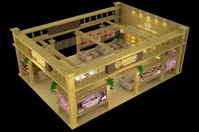 108平米展臺設(shè)計(jì)制作：三面開口/歐式/木質(zhì)結(jié)構(gòu)/黃色，為日用品展展商而作（免費(fèi)使用）