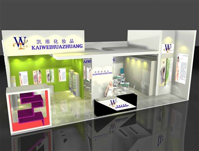 72平米展臺(tái)設(shè)計(jì)制作：二面開口/現(xiàn)代/木質(zhì)結(jié)構(gòu)/彩色，為美博會(huì)展商而作（免費(fèi)使用）
