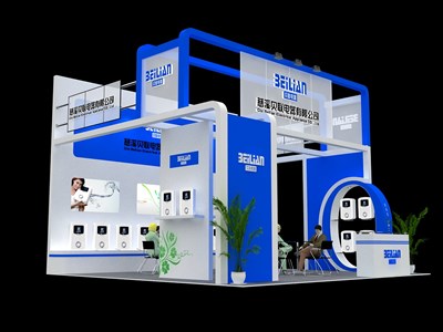 36平米展臺設計制作：三面開口/現(xiàn)代/木質(zhì)結構/藍色，為家電展展商而作（免費使用）