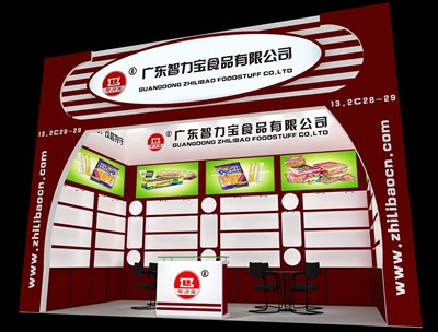 18平米展臺設計制作：一面開口/現(xiàn)代/木質(zhì)結(jié)構/紅色，為食品展展商而作（免費使用）