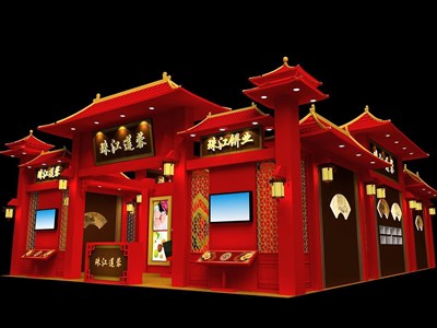 117平米展臺(tái)設(shè)計(jì)制作：二面開口/中式/木質(zhì)結(jié)構(gòu)/紅色，為食品展展商而作（免費(fèi)使用）