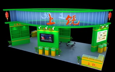 72平米展臺設(shè)計制作：四面開口/現(xiàn)代/木質(zhì)結(jié)構(gòu)/綠色，為食品展展商而作（免費使用）