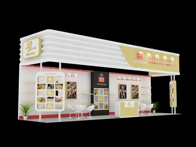36平米展臺(tái)設(shè)計(jì)制作：三面開(kāi)口/現(xiàn)代/木質(zhì)結(jié)構(gòu)/米色，為食品展展商而作（免費(fèi)使用）