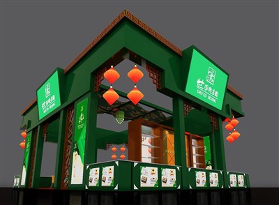 108平米展臺設(shè)計制作：四面開口/中式/木質(zhì)結(jié)構(gòu)/綠色，為食品展展商而作（免費使用）
