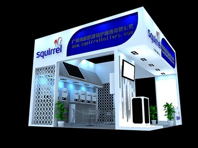 36平米展臺設計制作：三面開口/現(xiàn)代/木質結構/藍色，為家電展展商而作（免費使用）