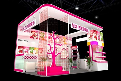 24平米展臺設(shè)計制作：三面開口/現(xiàn)代/木質(zhì)結(jié)構(gòu)/粉色，為食品展展商而作（免費(fèi)使用）
