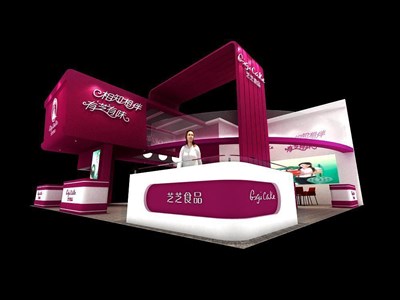 144平米展臺設(shè)計制作：三面開口/現(xiàn)代/木質(zhì)結(jié)構(gòu)/粉色，為食品展展商而作（免費使用）