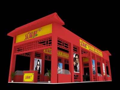 108平米展臺設(shè)計制作：四面開口/中式/木質(zhì)結(jié)構(gòu)/紅色，為食品展展商而作（免費使用）
