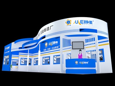 72平米展臺設計制作：二面開口/現(xiàn)代/木質結構/藍色，為機械展展商而作（免費使用）