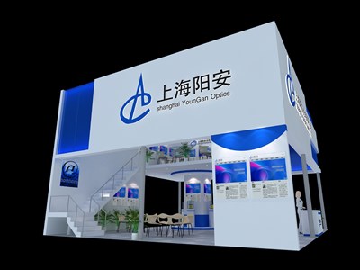 90平米展臺設(shè)計制作：四面開口/前衛(wèi)/雙層結(jié)構(gòu)/藍(lán)色，為安防展展商而作（免費(fèi)使用）