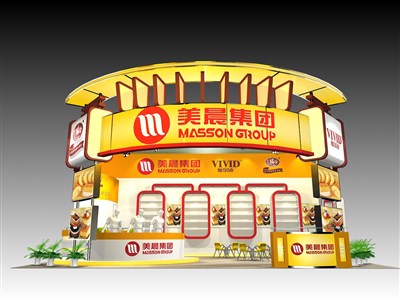 60平米展臺設(shè)計制作：三面開口/現(xiàn)代/木質(zhì)結(jié)構(gòu)/黃色，為食品展展商而作（免費(fèi)使用）