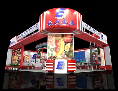 89.2平米展臺設(shè)計制作：二面開口/現(xiàn)代/木質(zhì)結(jié)構(gòu)/紅色，為食品展展商而作（免費(fèi)使用）