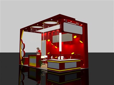 18平米展臺設(shè)計(jì)制作：三面開口/現(xiàn)代/木質(zhì)結(jié)構(gòu)/紅色，為食品展展商而作（免費(fèi)使用）