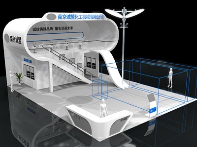 108平米展臺設(shè)計(jì)制作：三面開口/現(xiàn)代/雙層結(jié)構(gòu)/白色，為汽配展展商而作（免費(fèi)使用）