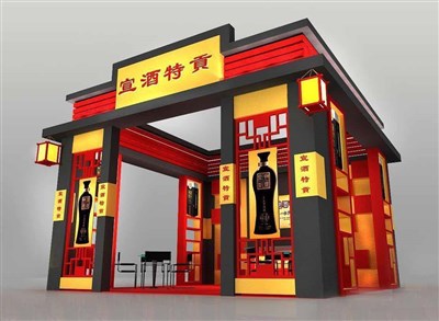 36平米展臺設(shè)計(jì)制作：三面開口/中式/木質(zhì)結(jié)構(gòu)/彩色，為糖酒展展商而作（免費(fèi)使用）