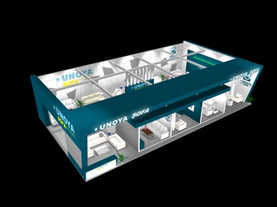 90平米展臺設(shè)計制作：二面開口/現(xiàn)代/型材結(jié)構(gòu)/藍(lán)色，為家具展展商而作（免費(fèi)使用）