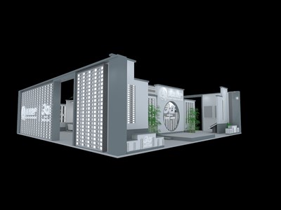 132平米展臺(tái)設(shè)計(jì)制作：三面開(kāi)口/前衛(wèi)/型材結(jié)構(gòu)/灰色，為房產(chǎn)展展商而作（免費(fèi)使用）