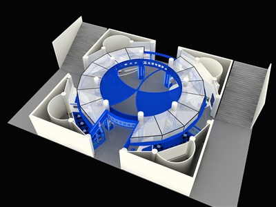 1024平米展臺(tái)設(shè)計(jì)制作：四面開(kāi)口/現(xiàn)代/型材結(jié)構(gòu)/白色，為旅游展展商而作（免費(fèi)使用）