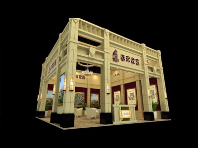 110平米展臺設(shè)計制作：二面開口/歐式/木質(zhì)結(jié)構(gòu)/米色，為房產(chǎn)展展商而作（免費使用）