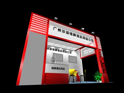 18平米展臺設(shè)計制作：二面開口/現(xiàn)代/木質(zhì)結(jié)構(gòu)/紅色，為綜合展展商而作（免費使用）