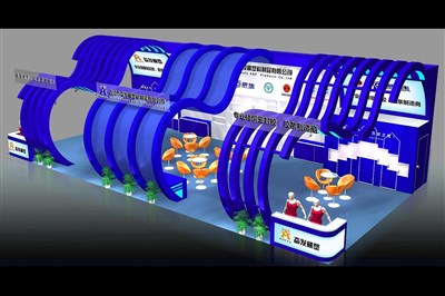 128平米展臺設(shè)計(jì)制作：三面開口/現(xiàn)代/木質(zhì)結(jié)構(gòu)/藍(lán)色，為建材展展商而作（免費(fèi)使用）
