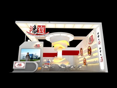 88平米展臺設(shè)計制作：二面開口/現(xiàn)代/木質(zhì)結(jié)構(gòu)/米色，為食品展展商而作（免費使用）