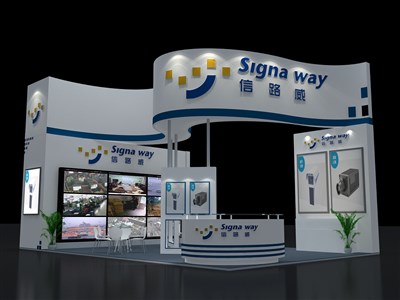 54平米展臺(tái)設(shè)計(jì)制作：三面開(kāi)口/現(xiàn)代/木質(zhì)結(jié)構(gòu)/藍(lán)色，為安防展展商而作（免費(fèi)使用）