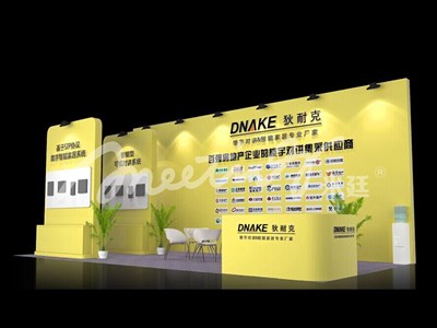 36平米展臺設(shè)計制作：三面開口/現(xiàn)代/木質(zhì)結(jié)構(gòu)/黃色，為電子展展商而作（免費使用）